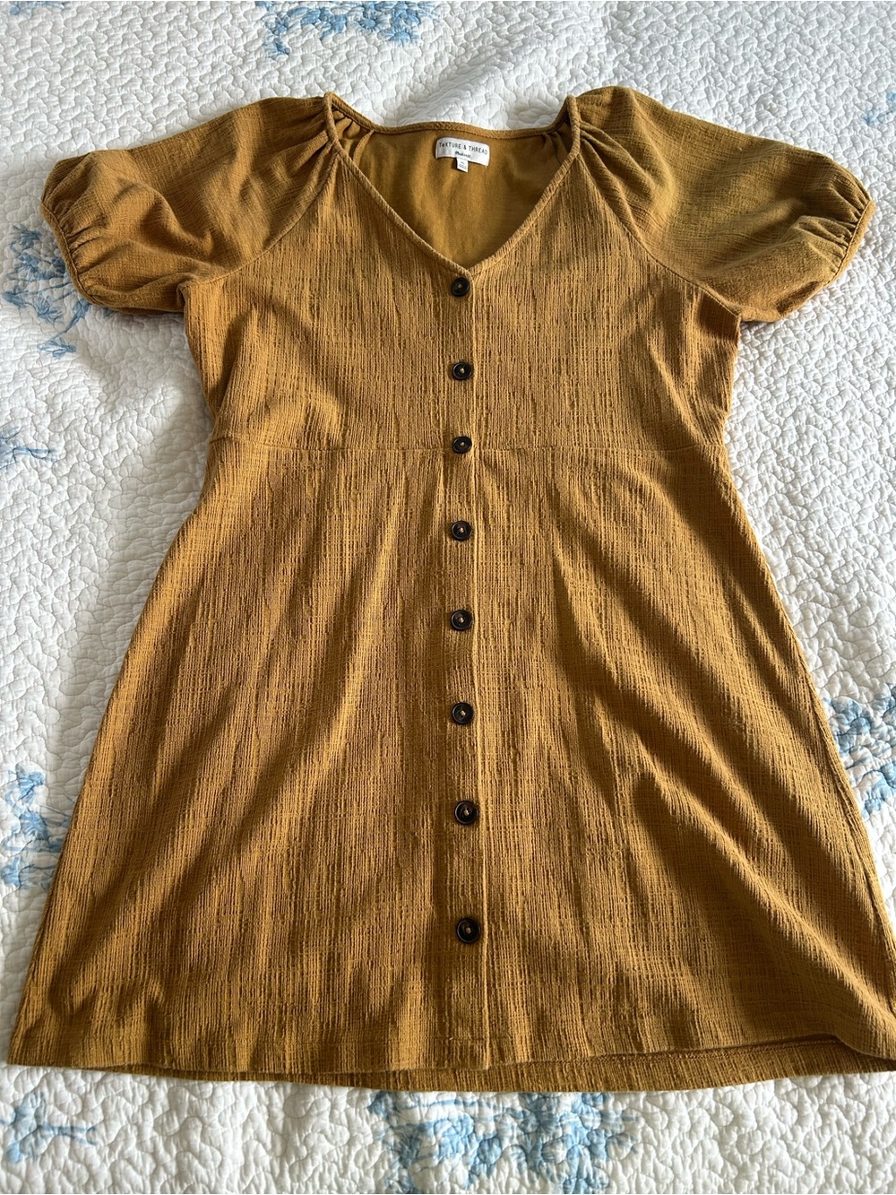 Madewell Texture & Thread Mustard Button-Front V-Neck Mini Dress